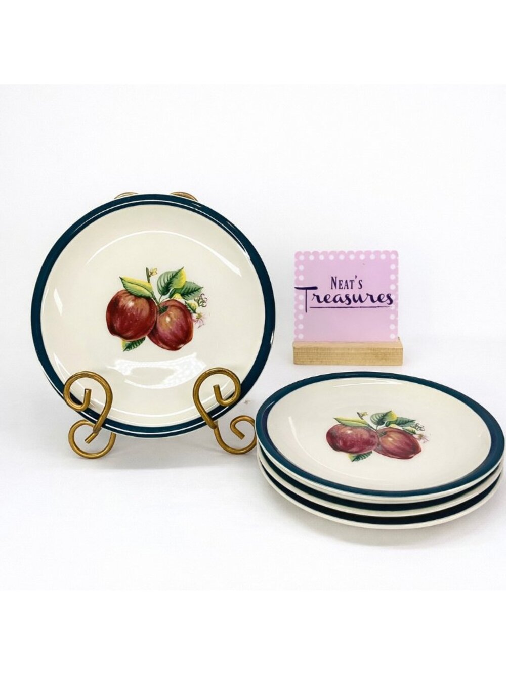 China Pearl Casuals APPLES Red Pink Floral Green  Stoneware Salad Plate Set of 4